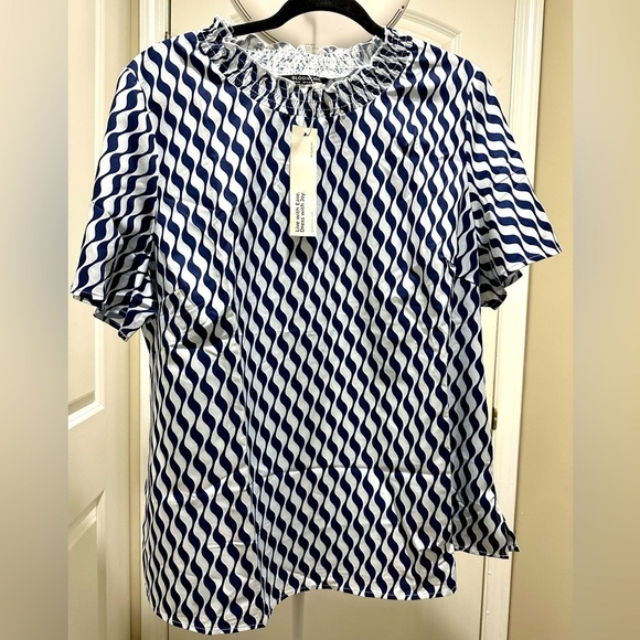 BloomChic Plus Size Geometric Mock Neck Shirred Ruffle Sleeve Blouse - Picture 2 of 10